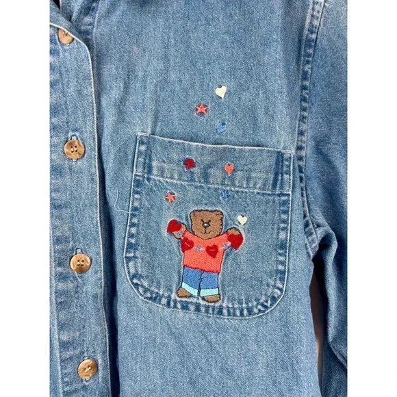 Vintage Christopher & Banks Denim Shirt Womens Sz L Teddy Bear America July 4th - Picture 3 of 16